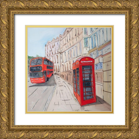 LONDON BUS AND TELEPHONE BOOTH  Gold Ornate Wood Framed Art Print with Double Matting by Atelier B Art Studio