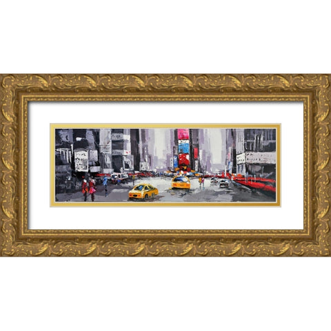 ABSTRACT STREET WITH YELLOW TAXIS Gold Ornate Wood Framed Art Print with Double Matting by Atelier B Art Studio