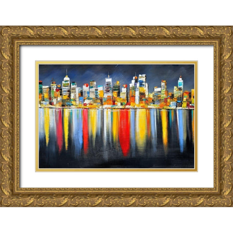 COLORFUL REFLECTION OF A CITYSCAPE BY NIGHT Gold Ornate Wood Framed Art Print with Double Matting by Atelier B Art Studio