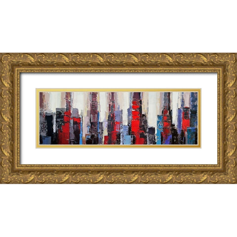 ABSTRACT RED AND BLUE BUILDINGS Gold Ornate Wood Framed Art Print with Double Matting by Atelier B Art Studio
