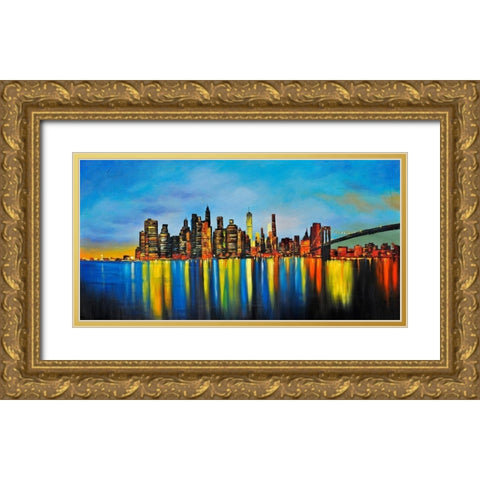 CITY BY NIGHT WITH A BRIDGE Gold Ornate Wood Framed Art Print with Double Matting by Atelier B Art Studio