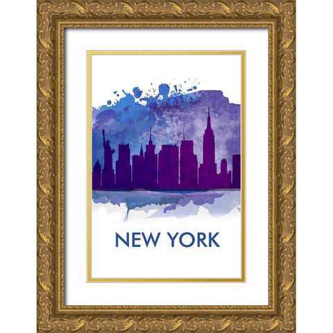 BLUE SILHOUETTE OF NEW YORK CITY Gold Ornate Wood Framed Art Print with Double Matting by Atelier B Art Studio