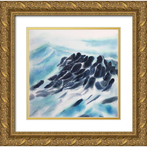 SEA WAVES WITH PAINT SPLASH Gold Ornate Wood Framed Art Print with Double Matting by Atelier B Art Studio