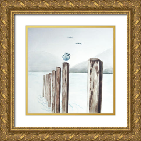 SEAGULL AT THE MARINA Gold Ornate Wood Framed Art Print with Double Matting by Atelier B Art Studio