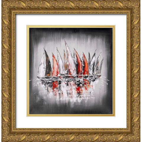 Sailboats with paint splash Gold Ornate Wood Framed Art Print with Double Matting by Atelier B Art Studio
