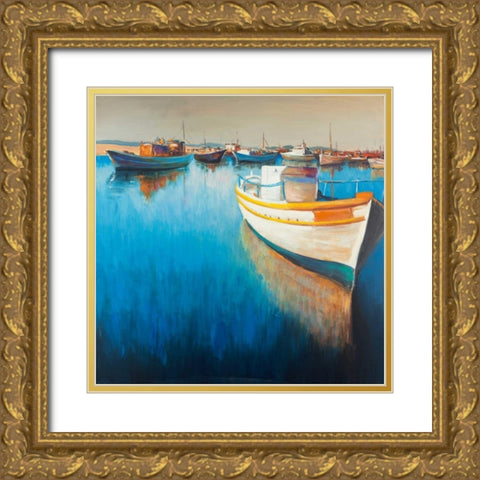 Fishing Boat at the Marina Gold Ornate Wood Framed Art Print with Double Matting by Atelier B Art Studio