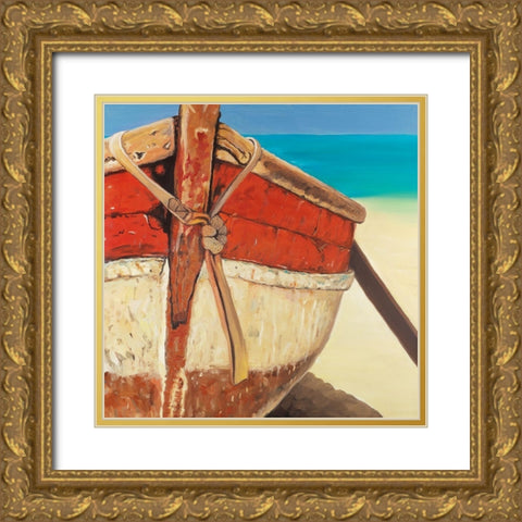 Tied up Rowing Boat Gold Ornate Wood Framed Art Print with Double Matting by Atelier B Art Studio
