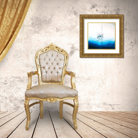WHITE BOAT ON A DEEP BLUE WATER Gold Ornate Wood Framed Art Print with Double Matting by Atelier B Art Studio