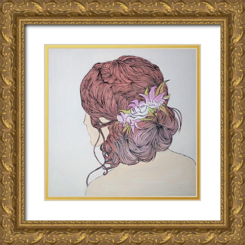 WOMAN FROM BEHIND WITH FLOWERS Gold Ornate Wood Framed Art Print with Double Matting by Atelier B Art Studio