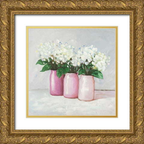 Hydrangea Flowers in Pink Vases Gold Ornate Wood Framed Art Print with Double Matting by Atelier B Art Studio