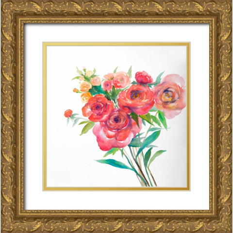 Watercolor Bouquet of Flowers Gold Ornate Wood Framed Art Print with Double Matting by Atelier B Art Studio