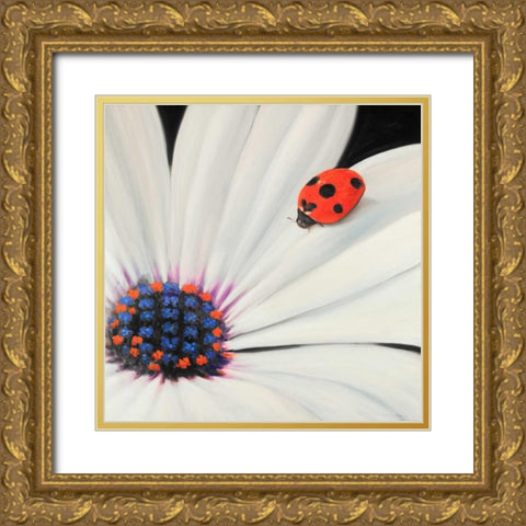 White Daisy and Ladybug Gold Ornate Wood Framed Art Print with Double Matting by Atelier B Art Studio