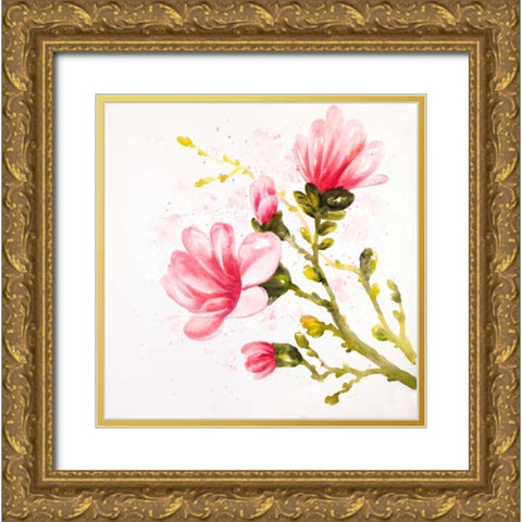 Watercolor Magnolia Flowers Gold Ornate Wood Framed Art Print with Double Matting by Atelier B Art Studio