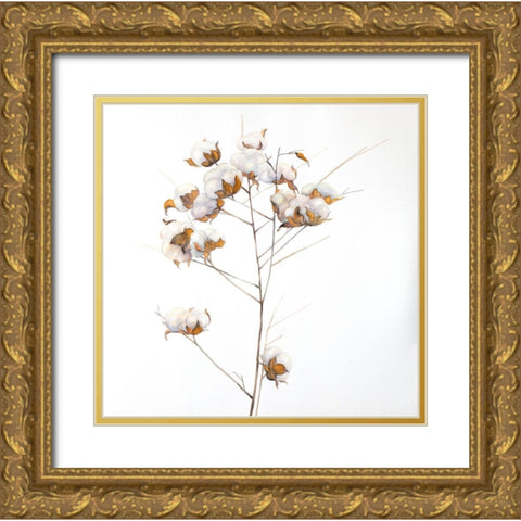 Cotton Flowers Branch Gold Ornate Wood Framed Art Print with Double Matting by Atelier B Art Studio