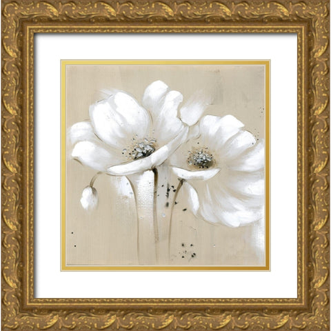 White abstract wild flowers Gold Ornate Wood Framed Art Print with Double Matting by Atelier B Art Studio