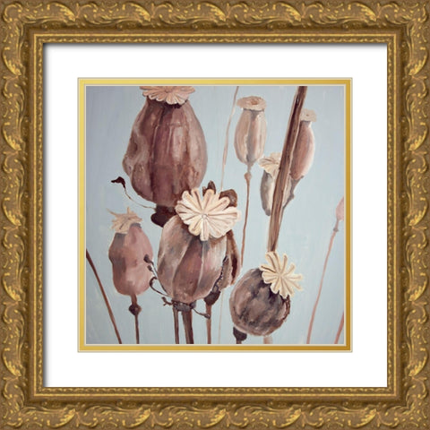 SEPIA POPPY HEAD FLOWERS Gold Ornate Wood Framed Art Print with Double Matting by Atelier B Art Studio