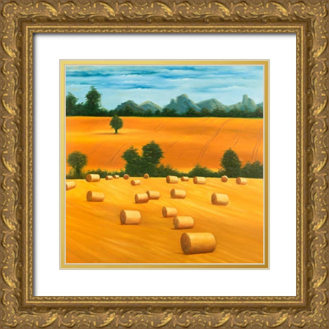 Hay Bale Fields Gold Ornate Wood Framed Art Print with Double Matting by Atelier B Art Studio