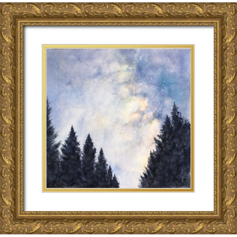 STARRY SKY IN A DARK FOREST Gold Ornate Wood Framed Art Print with Double Matting by Atelier B Art Studio