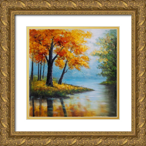 Fall Trees at the Waters Edge Gold Ornate Wood Framed Art Print with Double Matting by Atelier B Art Studio