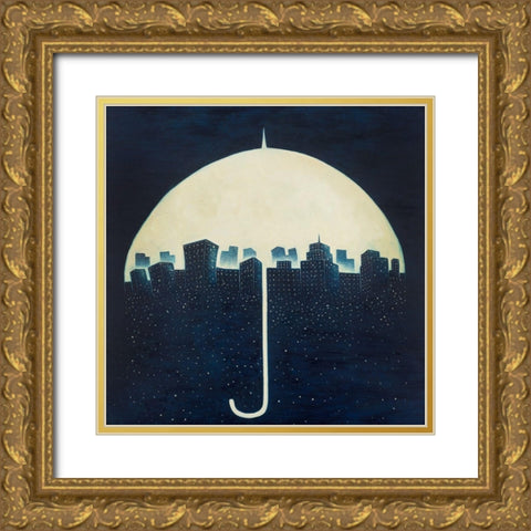 A CITY UNDER A UMBRELLAS Gold Ornate Wood Framed Art Print with Double Matting by Atelier B Art Studio