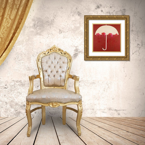RED CITY UNDER UMBRELLA Gold Ornate Wood Framed Art Print with Double Matting by Atelier B Art Studio