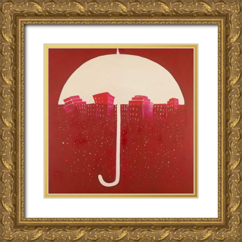 RED CITY UNDER UMBRELLA Gold Ornate Wood Framed Art Print with Double Matting by Atelier B Art Studio