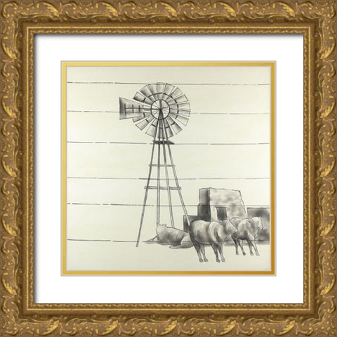 Vintage Old Texas Windmill Gold Ornate Wood Framed Art Print with Double Matting by Atelier B Art Studio