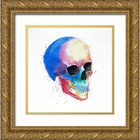 Watercolor Colorful Skull Profile Gold Ornate Wood Framed Art Print with Double Matting by Atelier B Art Studio