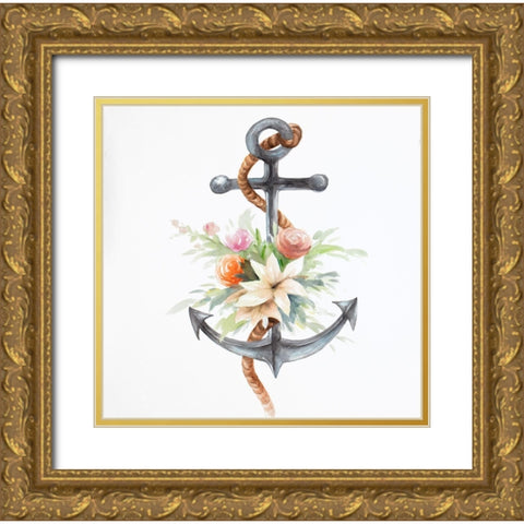 ANCHOR WITH FLOWERS Gold Ornate Wood Framed Art Print with Double Matting by Atelier B Art Studio