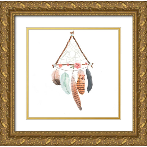 TRIANGULAR DREAM CATCHER WITH ROSES AND FEATHERS Gold Ornate Wood Framed Art Print with Double Matting by Atelier B Art Studio