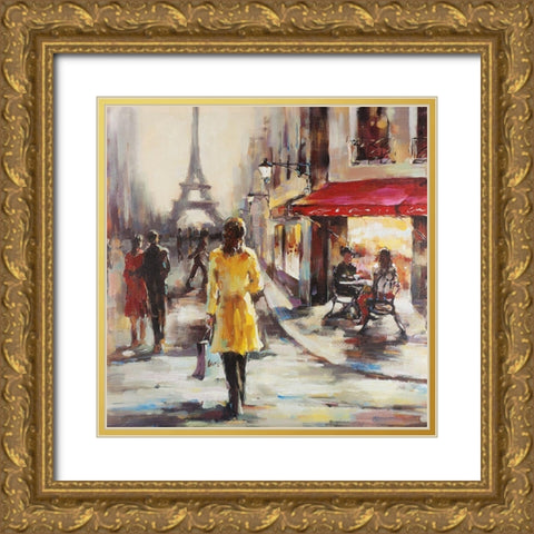 Yellow coat woman walking on the street Gold Ornate Wood Framed Art Print with Double Matting by Atelier B Art Studio