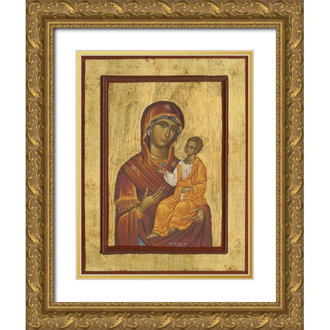 Byzantine Icon Haloed Virgin Mary with Baby Jesus Gold Ornate Wood Framed Art Print with Double Matting by anonymous