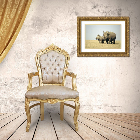 Rhino family Gold Ornate Wood Framed Art Print with Double Matting by Hoenderkamp, Patrick