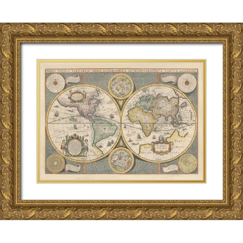 Nova Totius Terrarium, 1642 Gold Ornate Wood Framed Art Print with Double Matting by Hondius, Jodocus