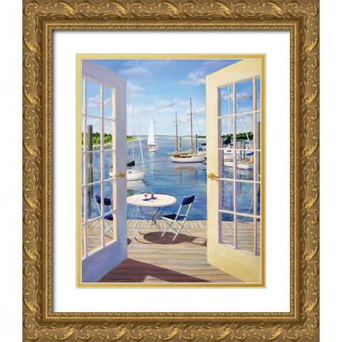 Table on the Harbor Gold Ornate Wood Framed Art Print with Double Matting by Saxe, Carol