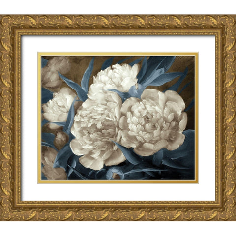 Peonies painting in blue-brown  Gold Ornate Wood Framed Art Print with Double Matting by Anonymous