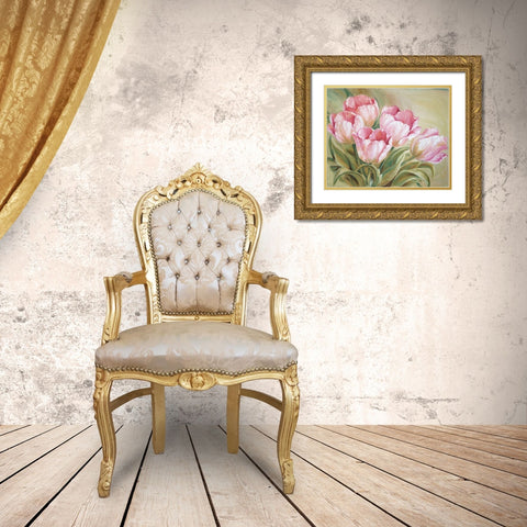 Tulips Painting Pink Gold Ornate Wood Framed Art Print with Double Matting by Anker
