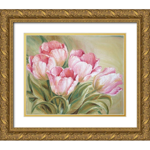 Tulips Painting Pink Gold Ornate Wood Framed Art Print with Double Matting by Anker