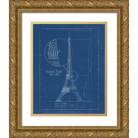 Eiffel Tower Blue Print Gold Ornate Wood Framed Art Print with Double Matting by Sussenn