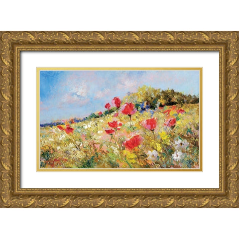 Wild Flower Hill Gold Ornate Wood Framed Art Print with Double Matting by Anonymous