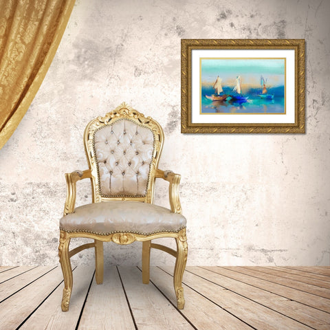 Abstract Seascape and Boats Gold Ornate Wood Framed Art Print with Double Matting by Pornmingmas, N.