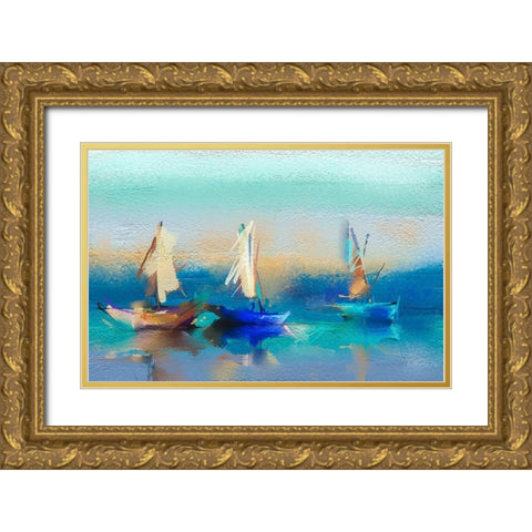 Abstract Seascape and Boats Gold Ornate Wood Framed Art Print with Double Matting by Pornmingmas, N.