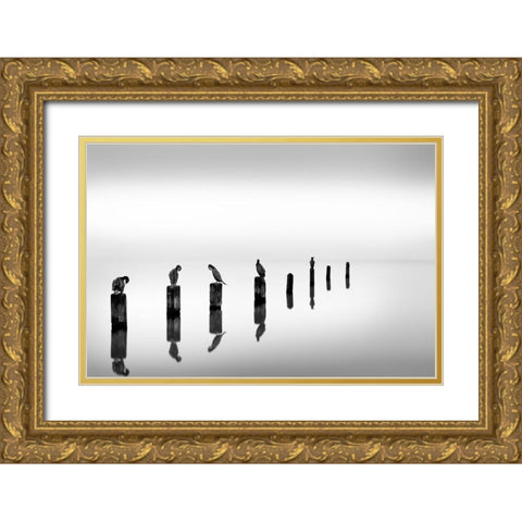 Birds on Sea Poles Gold Ornate Wood Framed Art Print with Double Matting by Digalakis, Georgios