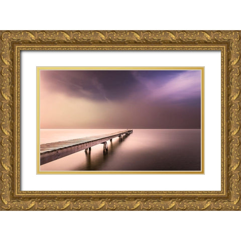 Long Pier in Early Morning Gold Ornate Wood Framed Art Print with Double Matting by Anon.