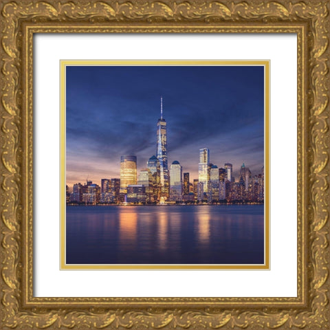 New York City-Manhattan Sunset Gold Ornate Wood Framed Art Print with Double Matting by Masik, Ilja|