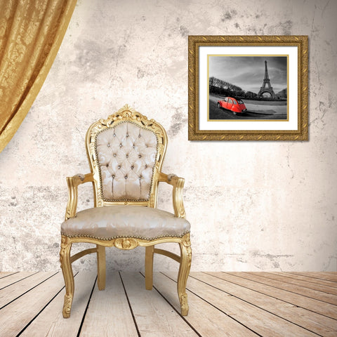 Red in Motion by the Eiffel Tower Gold Ornate Wood Framed Art Print with Double Matting by Anonymous