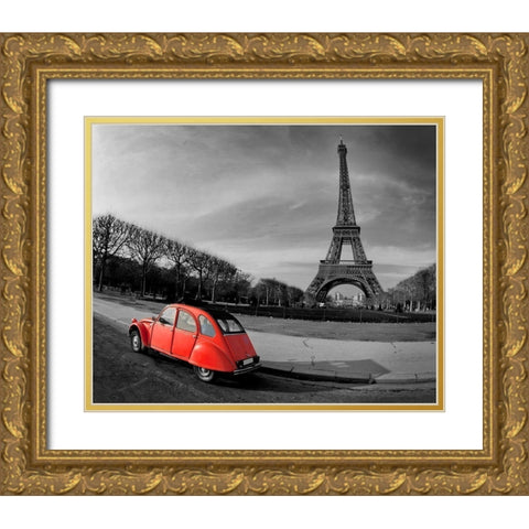 Red in Motion by the Eiffel Tower Gold Ornate Wood Framed Art Print with Double Matting by Anonymous