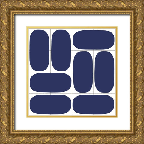 Geometric Oval Abstract, Blue Gold Ornate Wood Framed Art Print with Double Matting by Inuit