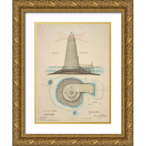 Rocks, NY Light House Gold Ornate Wood Framed Art Print with Double Matting by Anonymous