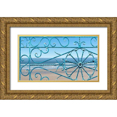 Ocean Through Wrought Iron Window Gold Ornate Wood Framed Art Print with Double Matting by Anonymous